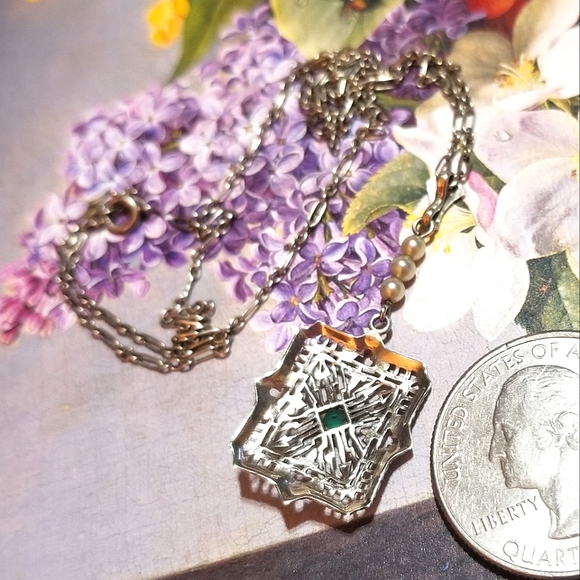 1920s SOLID 10KT GOLD Art Deco Emerald Lavaliere Necklace - Picture 7 of 8